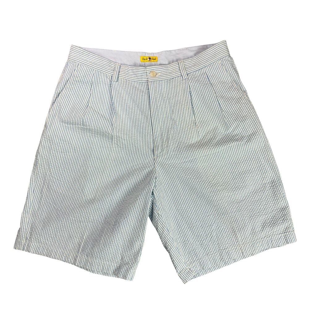 Duck Head Men's Pleated Front Shorts Seersucker Blue White Stripe Size 34 Preppy